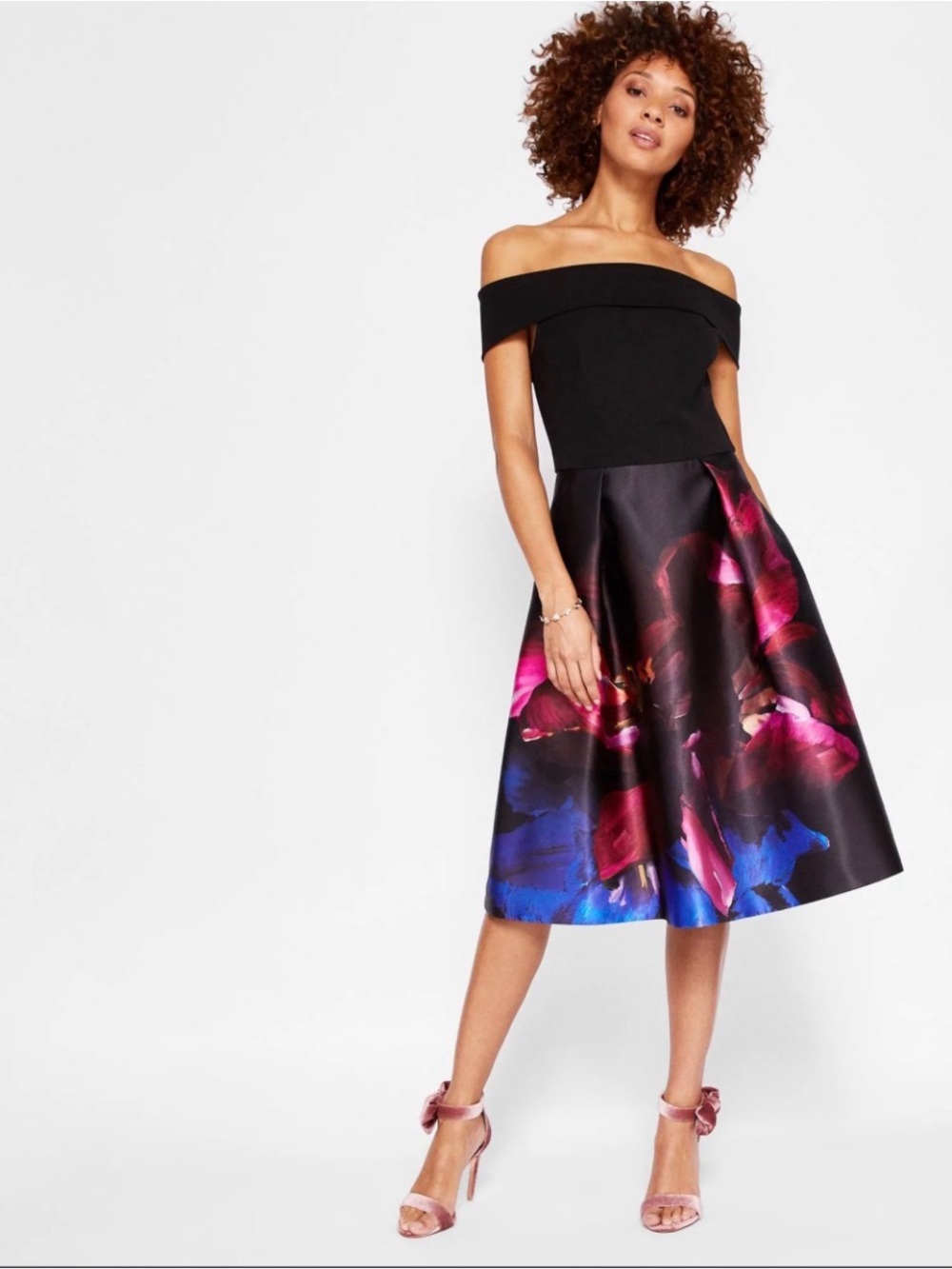 Ted Baker Black Impressionist Bardot Dress (size 5/us 12)